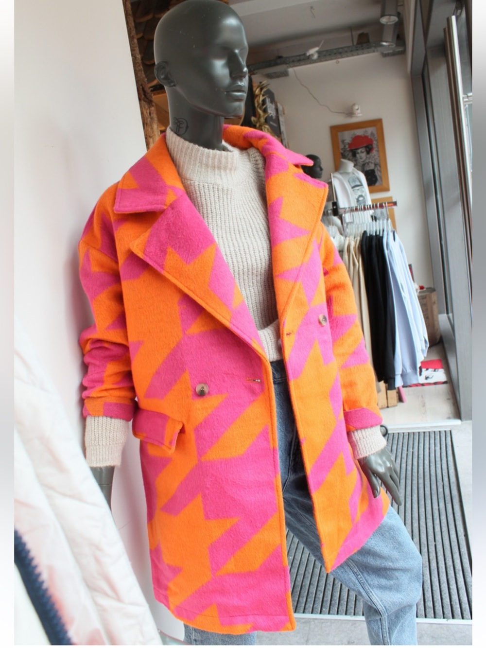 Only Pink and Orange Patterned Pea Coat